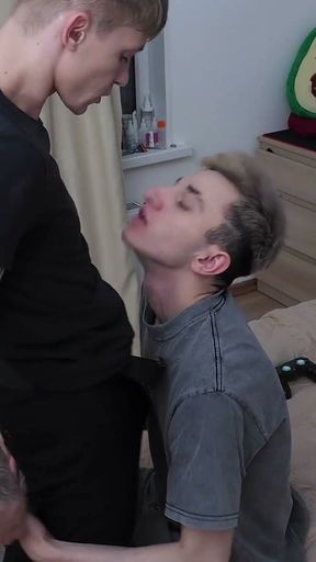 Juicy fucking of two twinkies , the twink lost the argument and sucked a guy with a big dick   Clip 1
