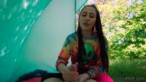 Brunette Hippie Makes Outdoor Handjob for Free