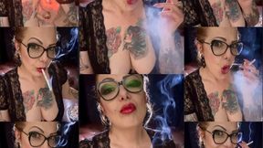 The true meaning of sensuality - Close-up - Long white cigarette - Power Smoking - Triple pumps - Multiple pumps - Deep Inhales - Coughing - Makeup - Lipstick