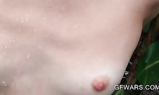 Slim teen doll showers outdoor and gives BJ in POV