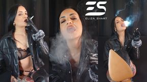 Chainsmoking roleplay in leather and see through underwear (Language: German)