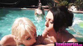 Sexy chicks share cock at pool party sucking and fucking