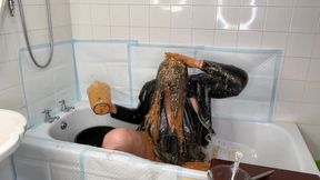 BBW Sploshing Forfeit Wearing Black Pvc Which Gets Ruined