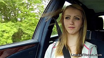 Stranded blonde teen gets pounded in car POV