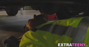 Car mechanic with huge dick gets to fuck a hot petite babe