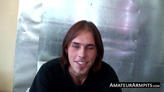Deviant dude jerks off his small hairy fire hose solo