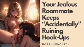 Jealous Roommate Teases Frenzied Lesbian Kiss and Pussy Eating