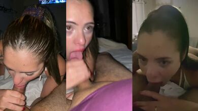 Blonde college girl in red panties deep throating a 40-year-old while swallowing every drop