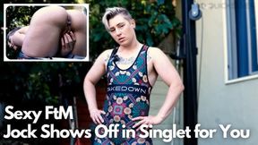 FtM Jocks Flexes Muscle and Fingers Pussy in Wrestling Singlet JOI