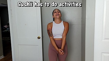 Sushii does activities and pees sexy yoga pants