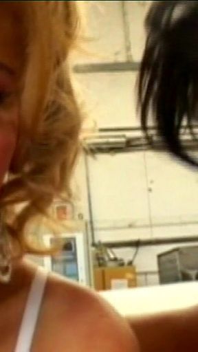 Blonde and Brunette Sluts Ravished in Warehouse Orgy