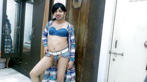 Sweet sissy crossdresser femboy Sweet Lollipop in beach style outfit.