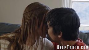 Sweet Laney Grey gasps during a fiery trio with her lover and mature partner