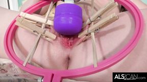 ”Small Boobs Blonde Spreads Her Lips for High Powered Vibrator”