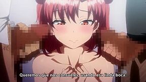 The older men make her give them handjobs and blowjobs, then penetrate her in both holes at the same time and cum inside her.