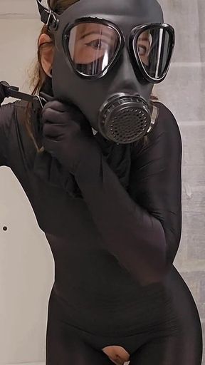 Nylon Zentai Catsuit and Gasmask Hot Encasement