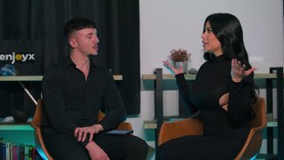 Thick brunette with fake boobs taking on a big dick