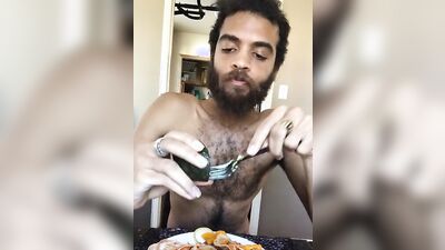 Cute and hairy dude with a sexy beard reviews food naked