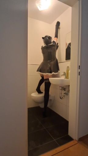 Caged Sissy Maid Slave - Cleaning the Bathroom for Mistress and Her Boyfriend
