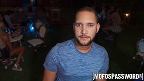 Busty Red Eviee strokes and sucks massive cock in public