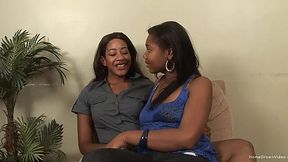 Big-titted ebony cowgirl rides her GF's strap-on