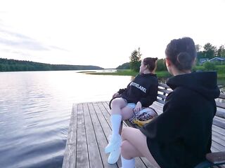 Sexy three-some with girlfriends on the lake