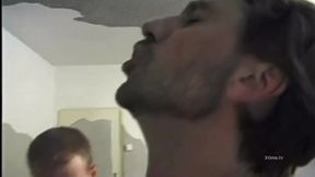 Brunette alone against four unleashed men with a hard cock hungry for pussy