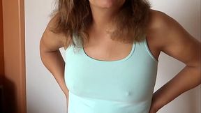 My wife masturbates for the first time in front of the of her best friend, big cumshot on her tits