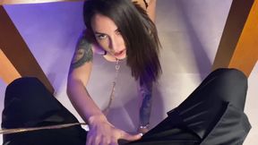 Submissive babe on a collar leash creeps up to me to give a blowjob under the table