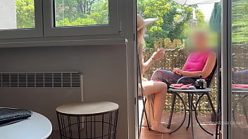 My husband is jerking off and cum in front of my stepmom a while we talk on balcony.