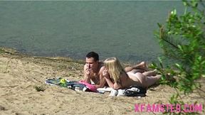 Skinny blonde teenie gets pounded on the beach