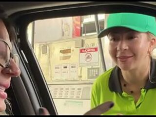 I put the gas station attendant in the car so this babe could have great sex with me and my spouse until that babe was drooling cum all over his ramrod, the drool from her twat even oozed onto his nuts!