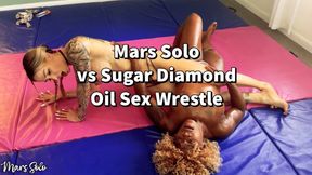 TOPLESS OIL SEX WRESTLE: SUGAR DIAMOND VS MARS SOLO - competitive arm wrestling, sensual oil wrestling, six pack seductions, bootylicious domination, abs, scissorhold, grapevine, scissoring, lesbian, face sitting, breast smothering, sex fight, ebony