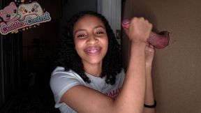 innocent 18-year-old takes her first glory hole throat pie