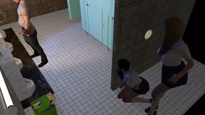 Slutty bimbos ambush dude in the crapper seeking filthy groupie action