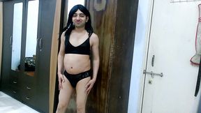 Sexy sissy crossdresser femboy Sweet Lollipop in sexy black lingerie.