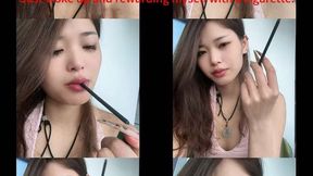 An Asian girl, just woken up, takes a sip of coffee and then lazily smokes a cigarette