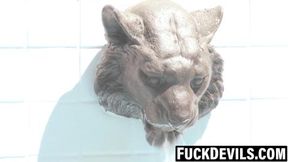 Two sexy lesbo babes scissor and lick each other's pussy on the pool deck