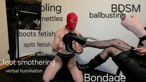 Ballbusting, bondage, spanking, candle wax, spicy nettles, spitt fetish, boots fetish, foot fetish, lingerie, trampling and foot smother session with Mistress GospodaricaEmma and Her sub servant Wolfy01