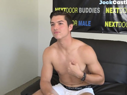 Straight casting jock solo masturbates on the couch