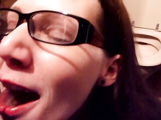 Nerdy librarian with glasses likes to gulp void urine