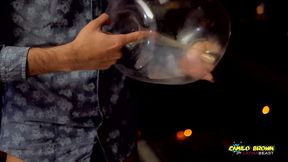 camilo brown fucking a condom out in the balcony until he cums inside of it