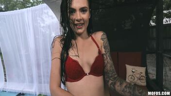 Marley Brinx climbs out of the pool to enjoy cock in twat