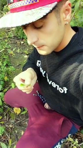 Touching Camera Lens with Wet Glans Then Rubbing Cum on Lens and Own Cum Swallow From Leaf Outdoor