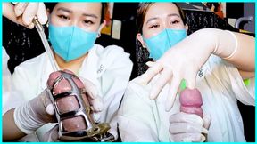 Sadistic nurses finger and sound submissive slave's urethra