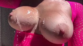 Italian MILF with perfect bouncing big tits wanks outside