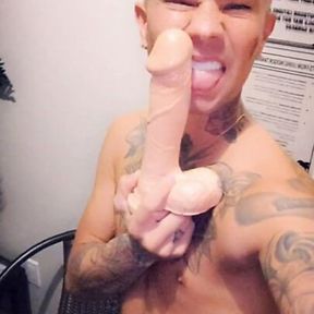 JJ rides his big 10&quot; dildo at the tanning salon