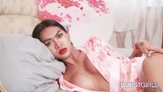 Cute Thai Tgirl Jing Jerks Her Hard Cock and Toys Her Ass in Bed