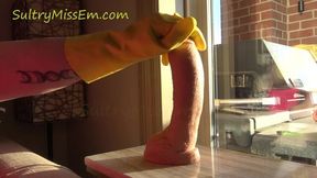Textured rubber glove handjob