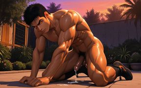 Muay Thai Fighter Kneeling with Cum Dripping From Erect Dick at Twilight
